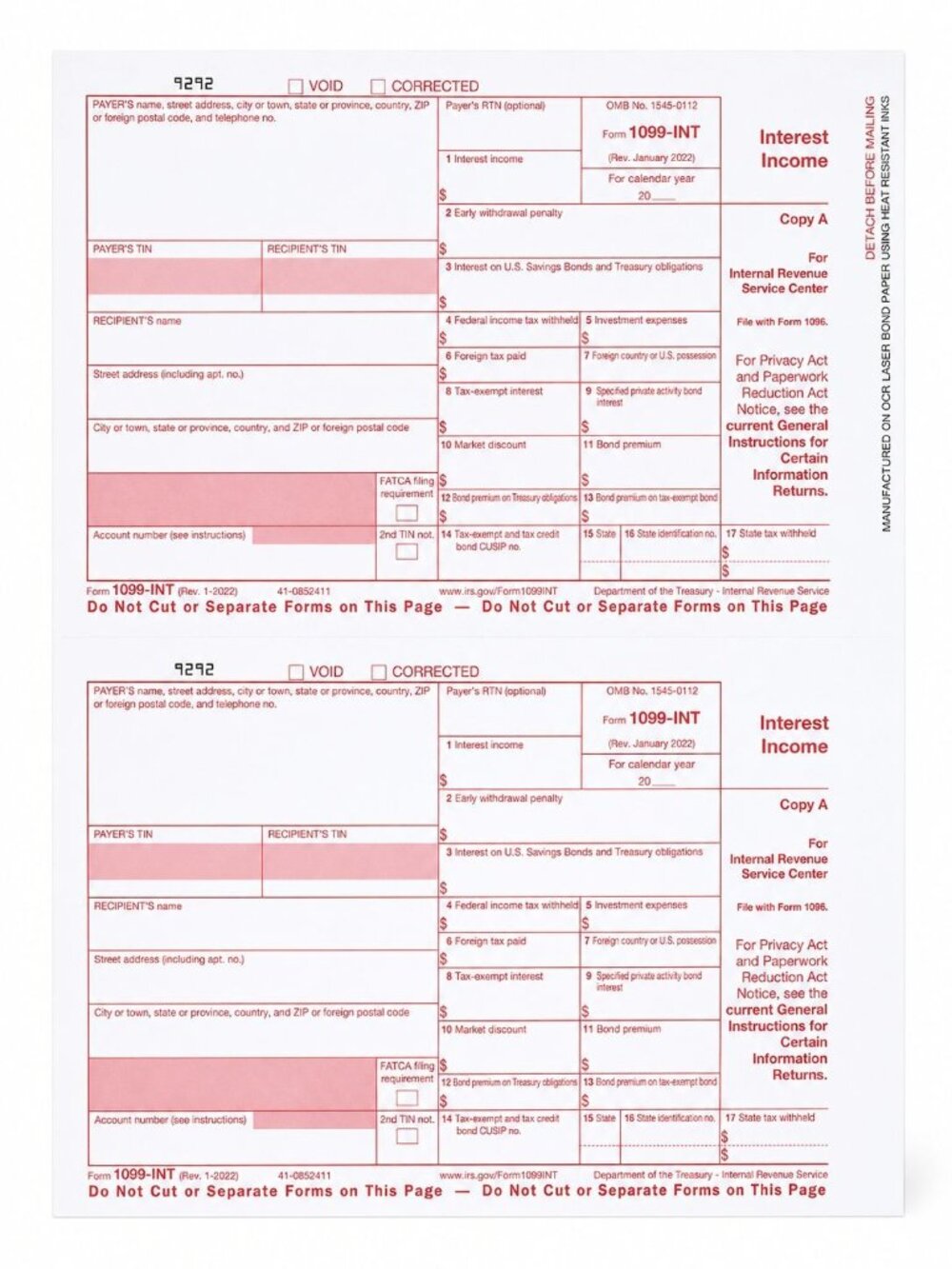 IRS 1099 Interest 4PT LSR Set - 3 Payer Records - 25 Sheets Set 2023 tax forms